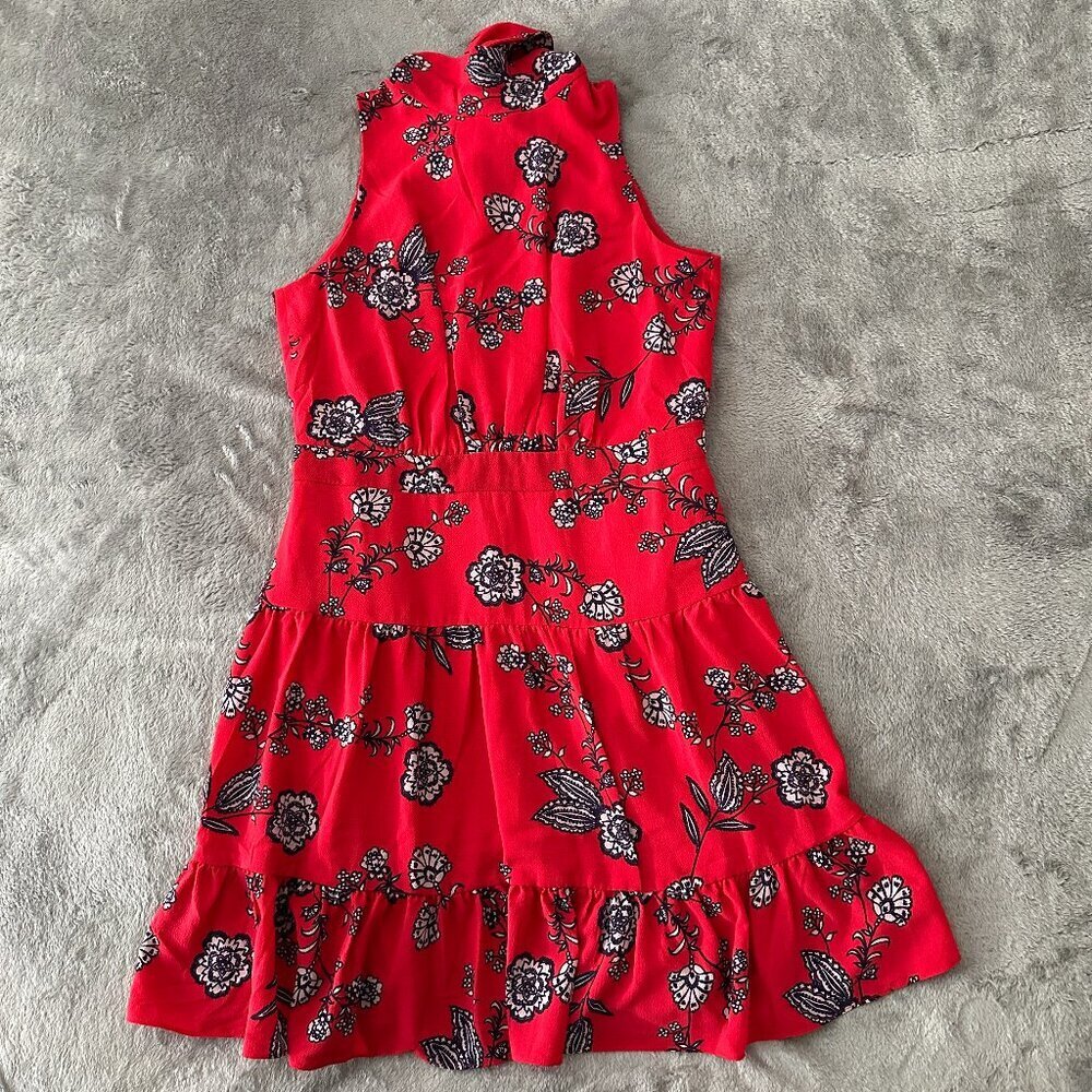 Eliza J Women's Dress Size 10 Red High Neck Bow Open Back Floral Flounce